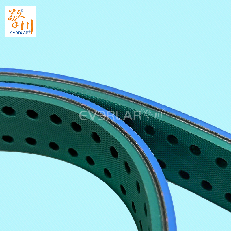藍(lán)綠片基帶打孔耐磨防滑物流包裝行業(yè)分揀倉(cāng)儲(chǔ)傳動(dòng)平皮帶擎川定制